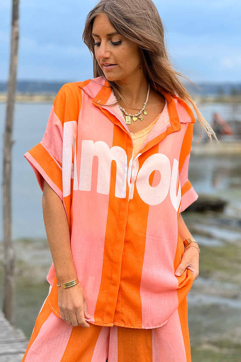 Chemise large en lin mélangé imprimé Vacances d'été rayures oranges Amour