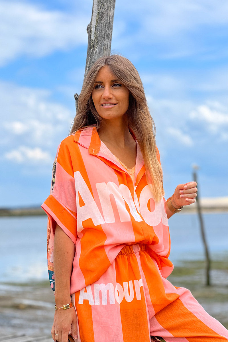 Chemise large en lin mélangé imprimé Vacances d'été rayures oranges Amour