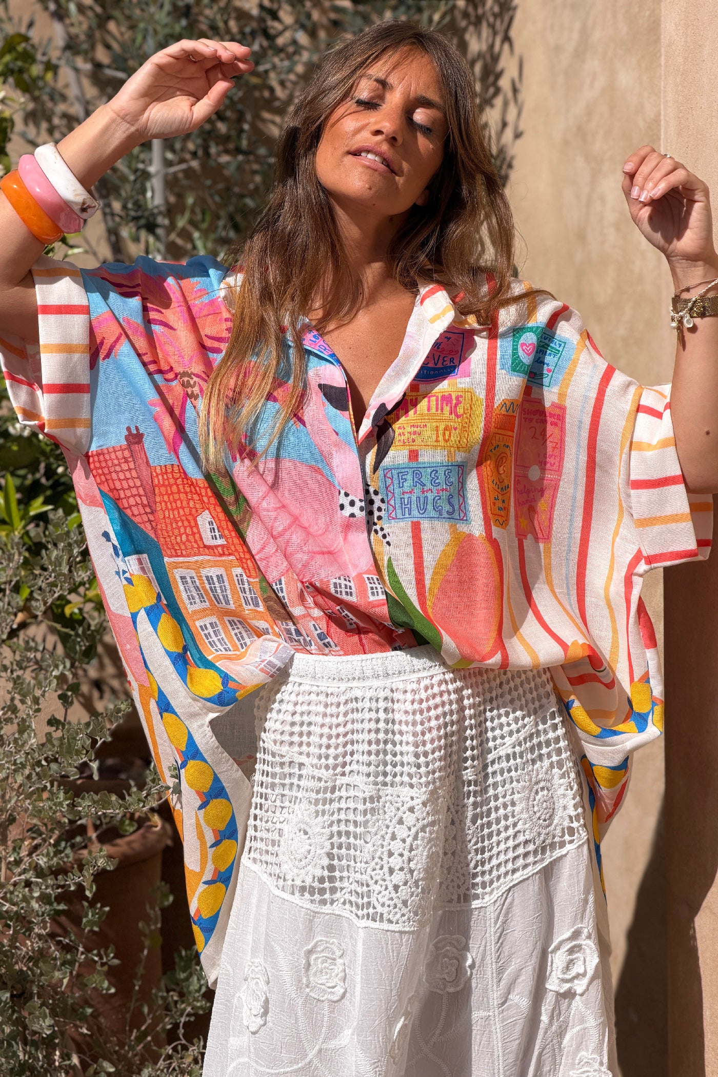 Pink Beach House Collage Draped Blouse