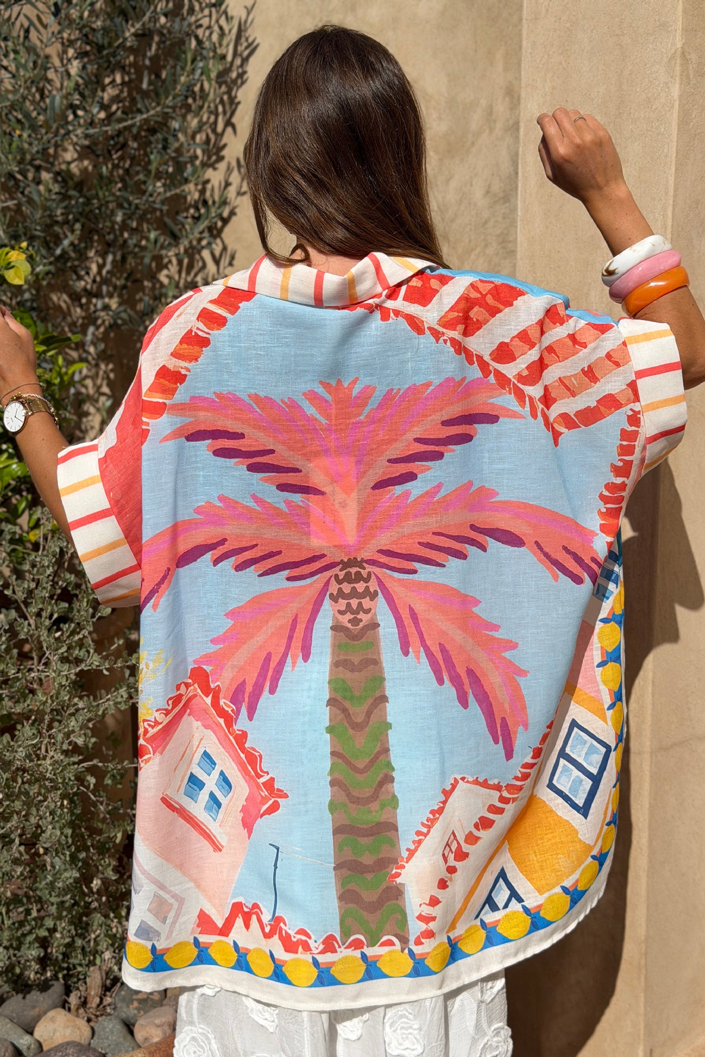 Pink Beach House Collage Draped Blouse