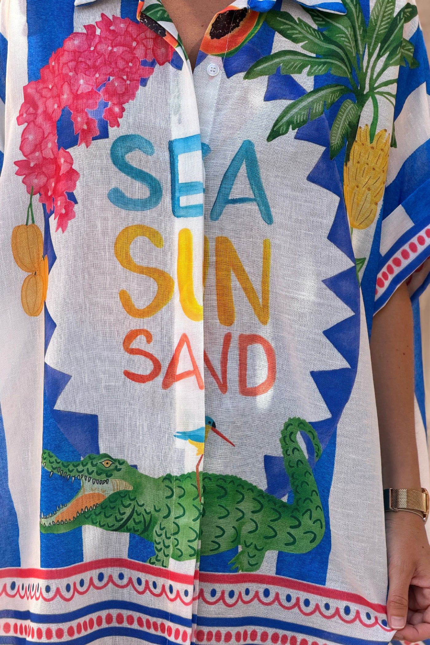 Blue “Sea, Sun, Sand” Cabana Stripe Button-Down Blouse