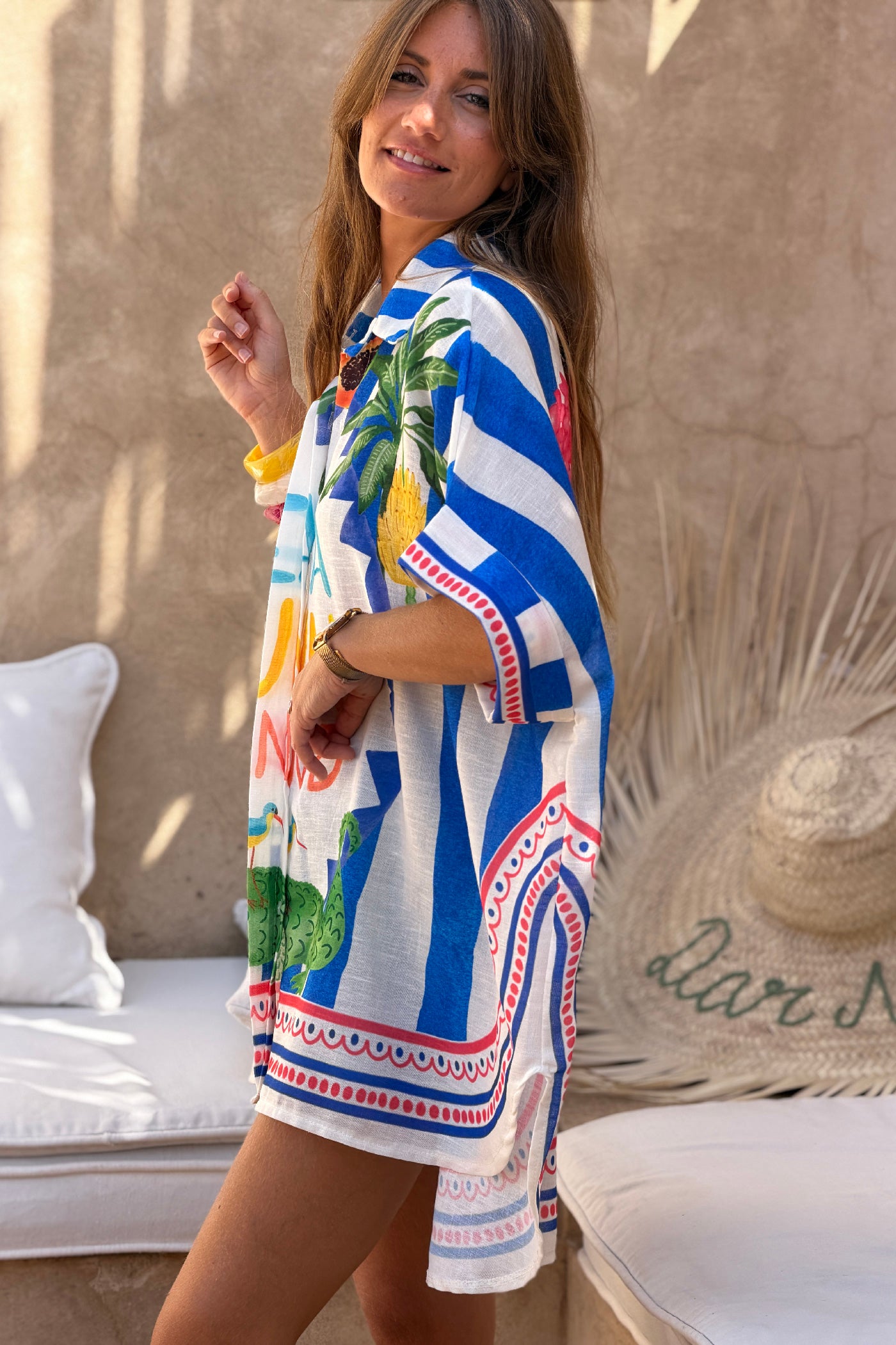 Blue “Sea, Sun, Sand” Cabana Stripe Button-Down Blouse