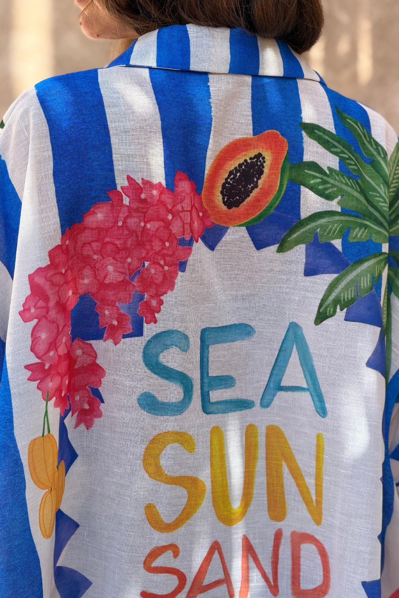 Blue “Sea, Sun, Sand” Cabana Stripe Button-Down Blouse