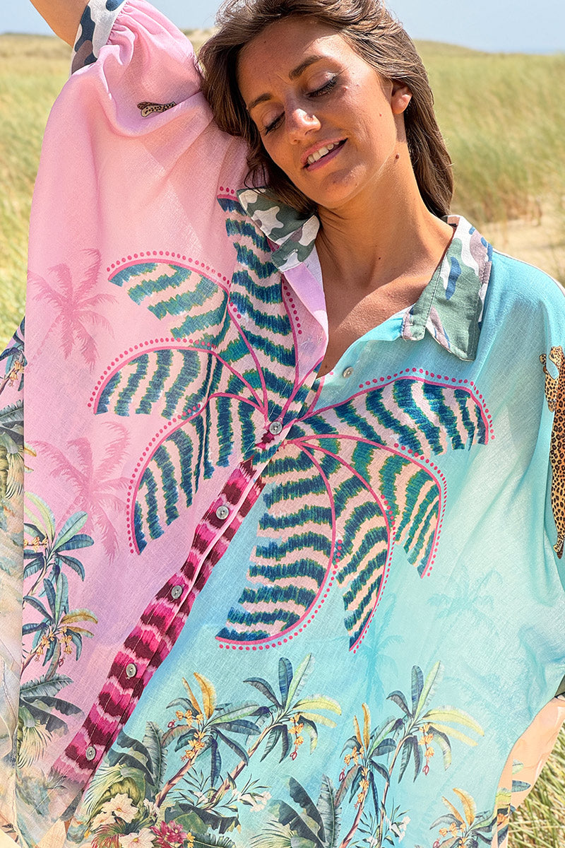 Chemise large imprimé tropique turquoise palmiers