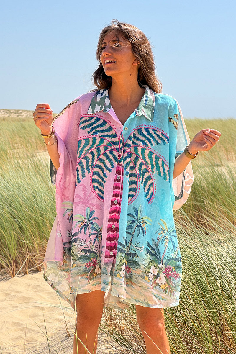 Chemise large imprimé tropique turquoise palmiers