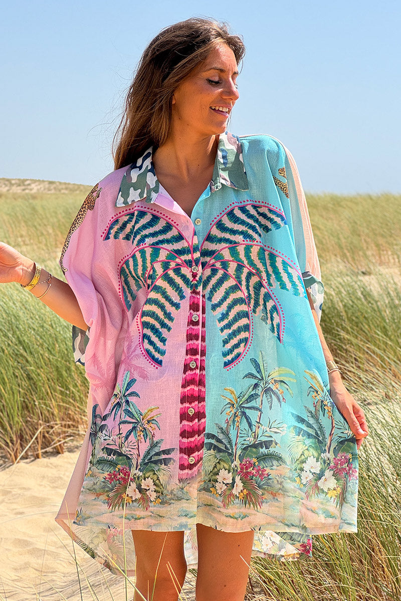 Chemise large imprimé tropique turquoise palmiers