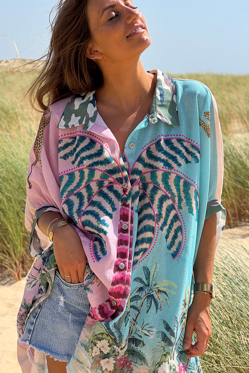 Chemise large imprimé tropique turquoise palmiers
