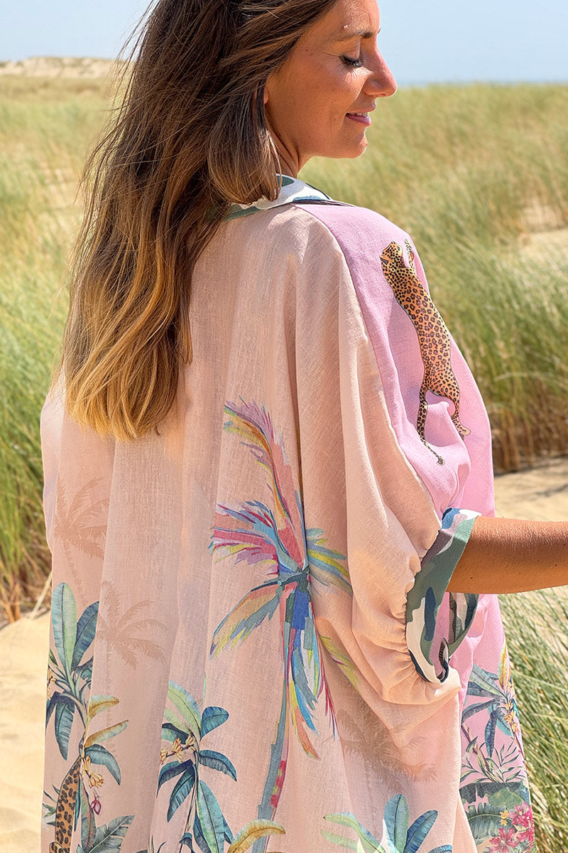 Chemise large imprimé tropique turquoise palmiers