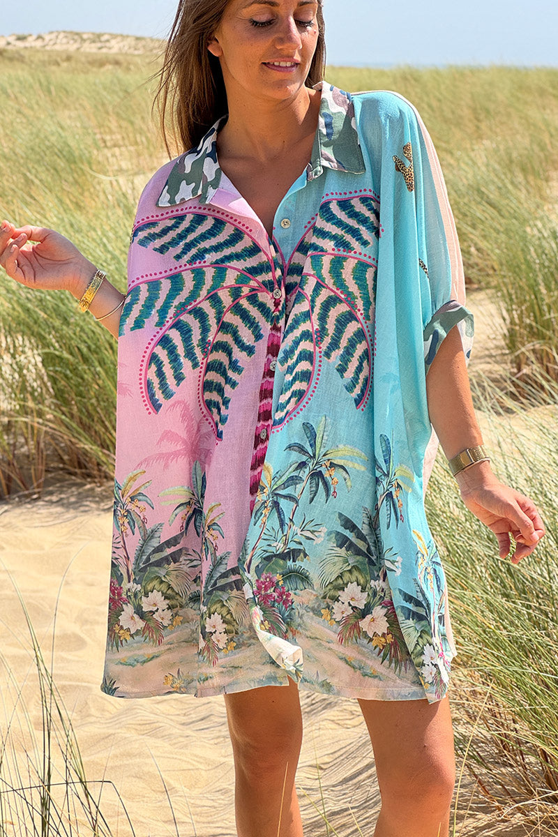 Chemise large imprimé tropique turquoise palmiers