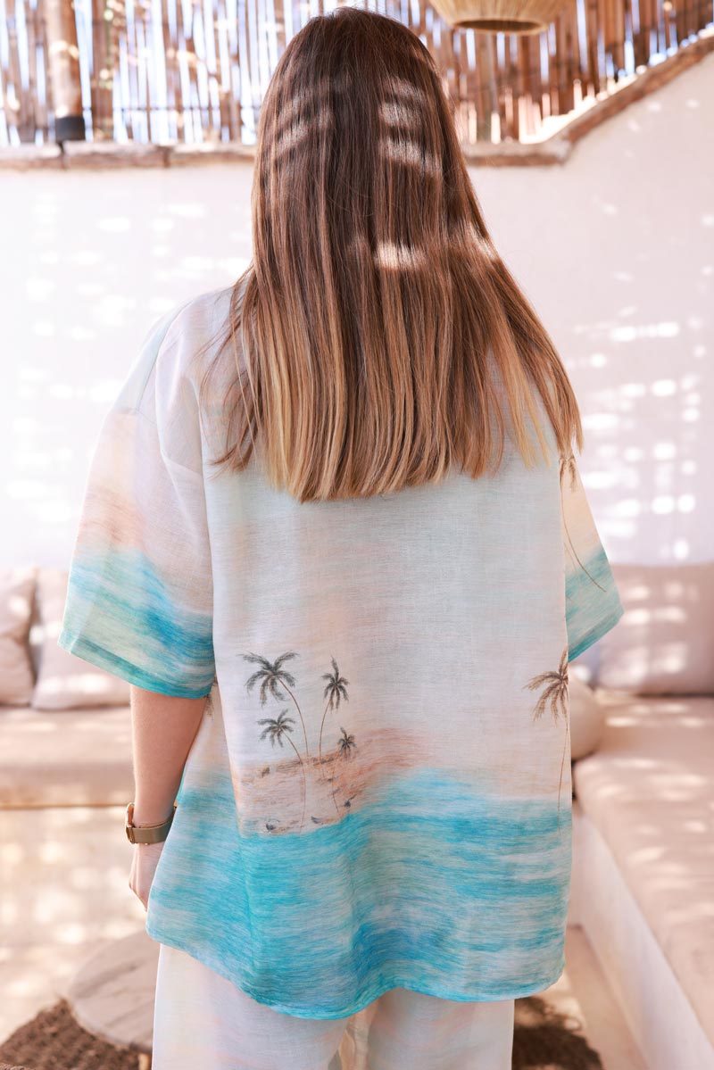 Chemise large vacances imprimé palmier plage lagon