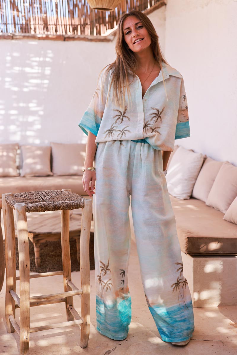 Chemise large vacances imprimé palmier plage lagon