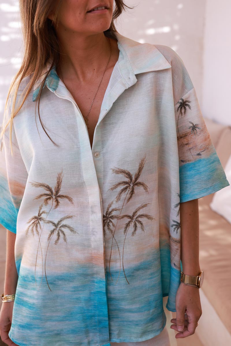 Chemise large vacances imprimé palmier plage lagon