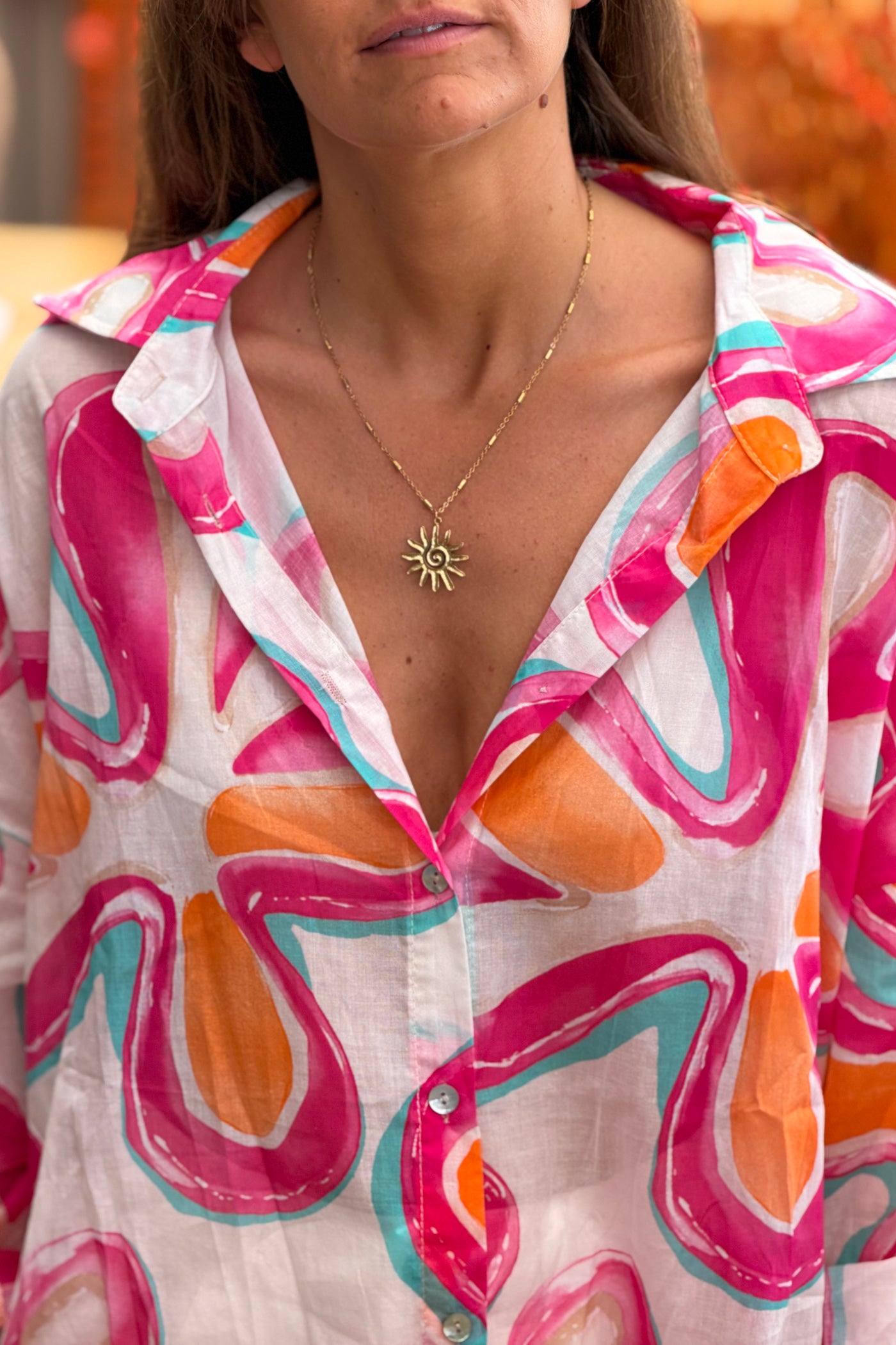 Pink Groovy Floral Button-Down Blouse