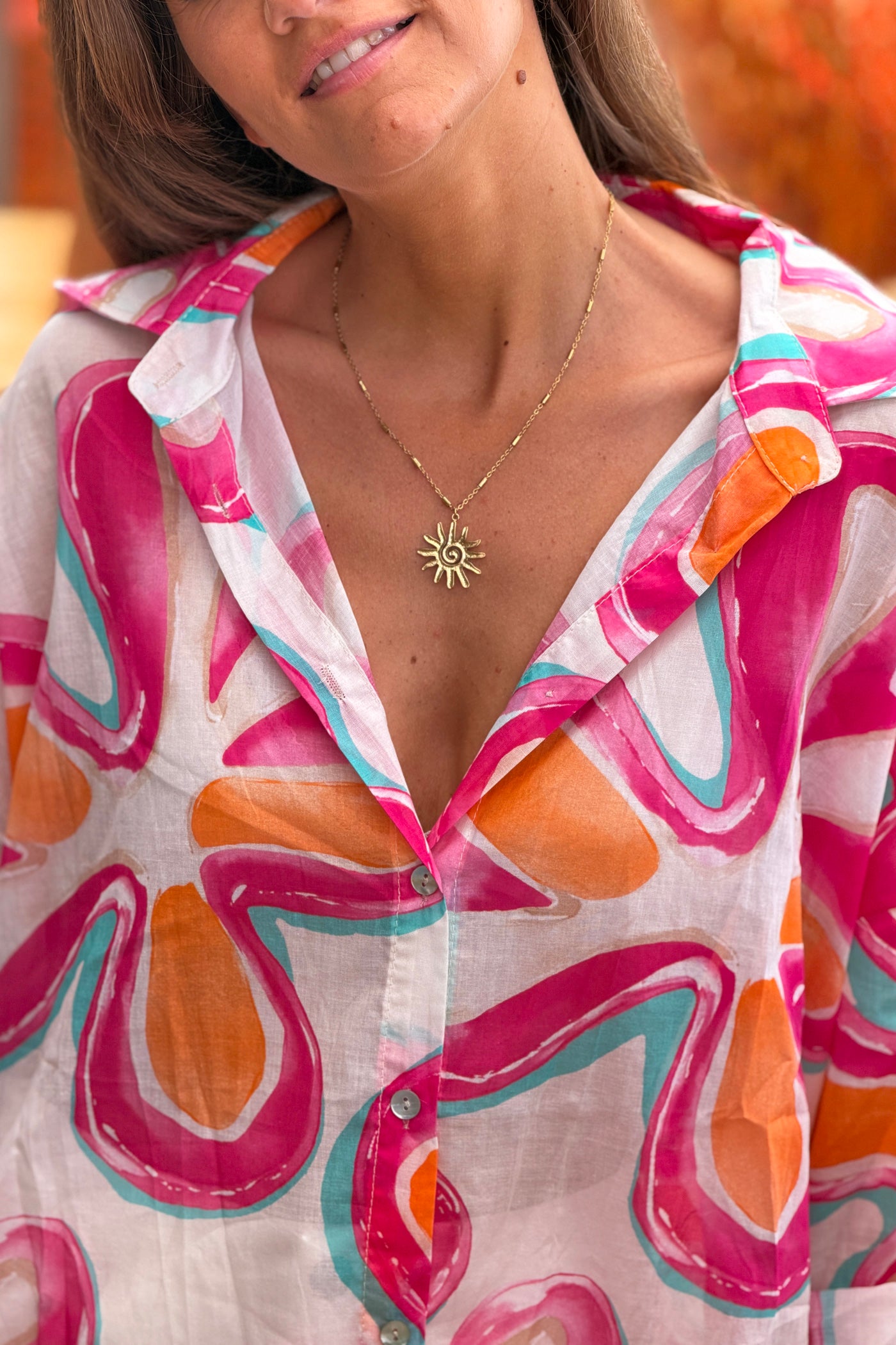 Pink Groovy Floral Button-Down Blouse