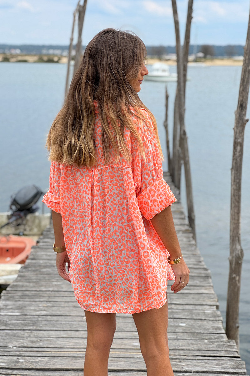 Chemise légère en voile de coton imprimé léopard orange fluo