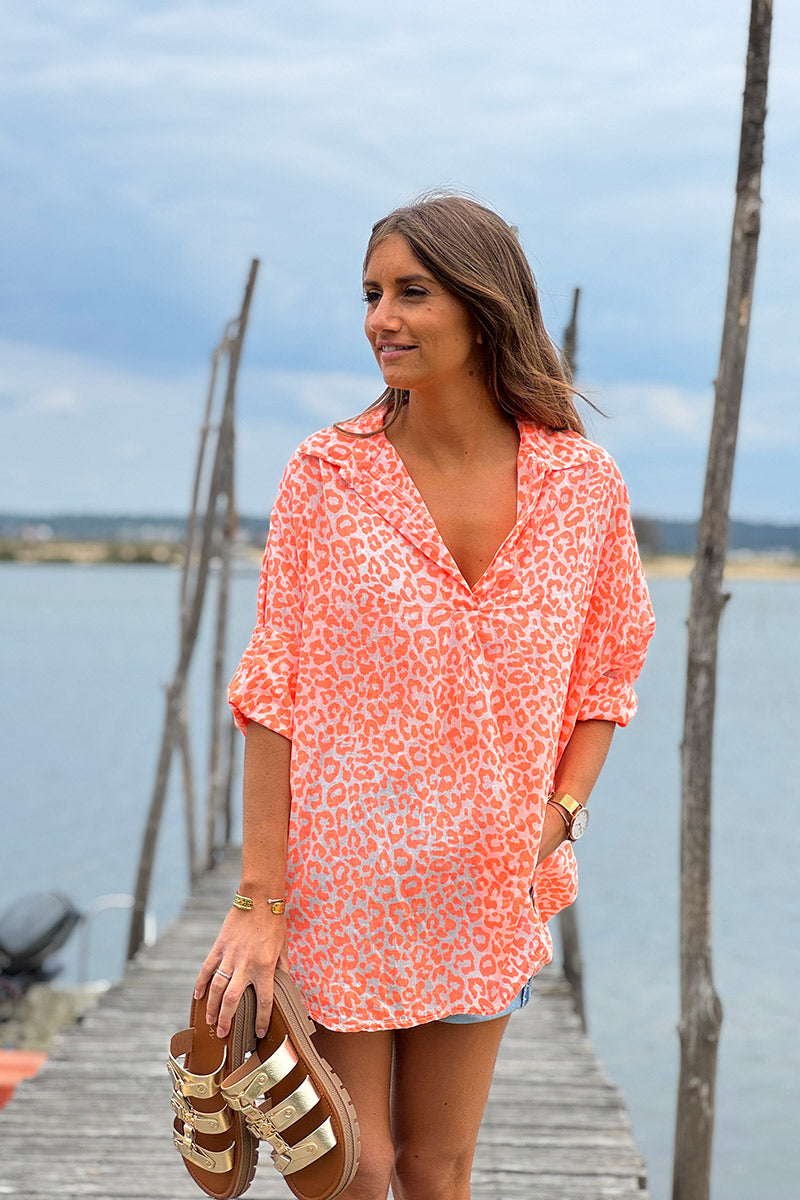 Chemise légère en voile de coton imprimé léopard orange fluo