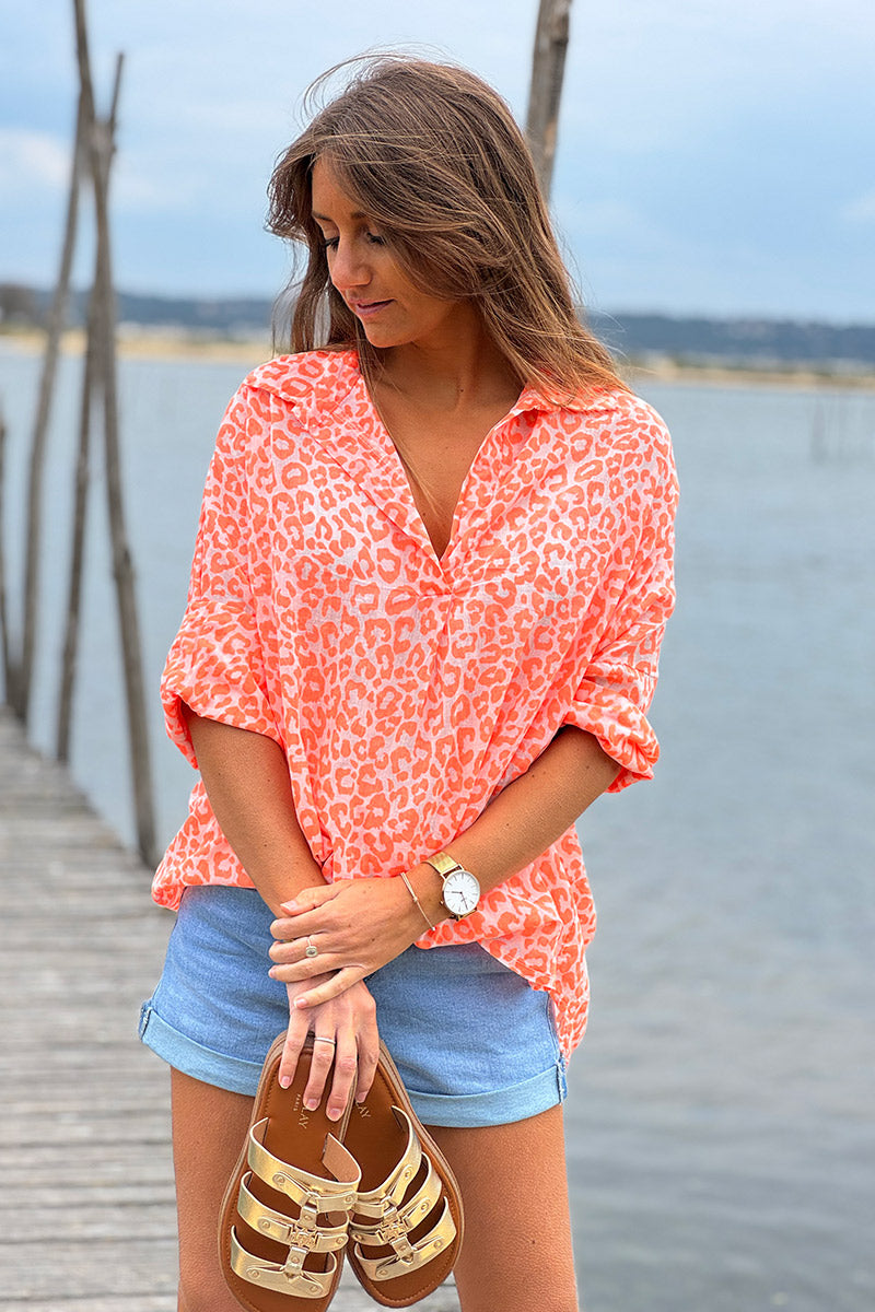Chemise légère en voile de coton imprimé léopard orange fluo