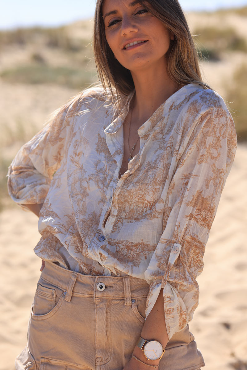 トップス TOILE DE JOUY ORGANDY SHIRRING TUNIC Semi-sheer cotton Shirt with Beige Toile de Jouy print - Horizons