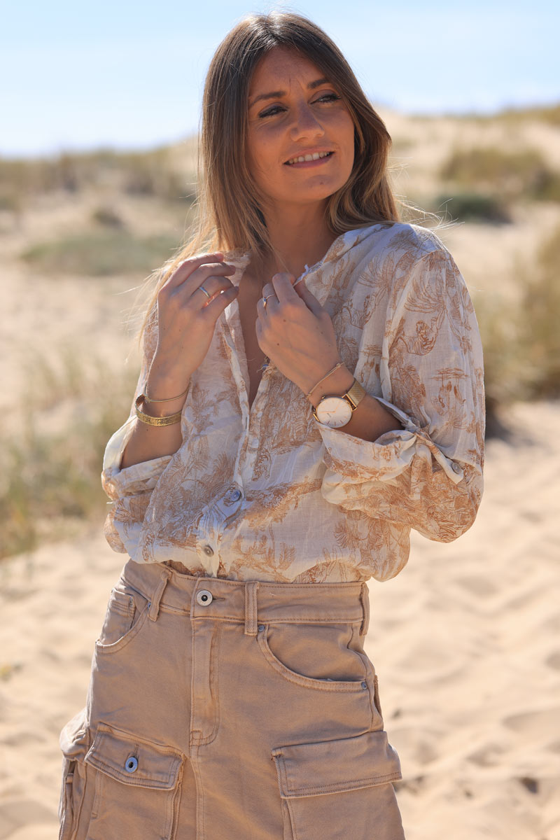 Chemise légère en voile de coton imprimé toile de jouy beige