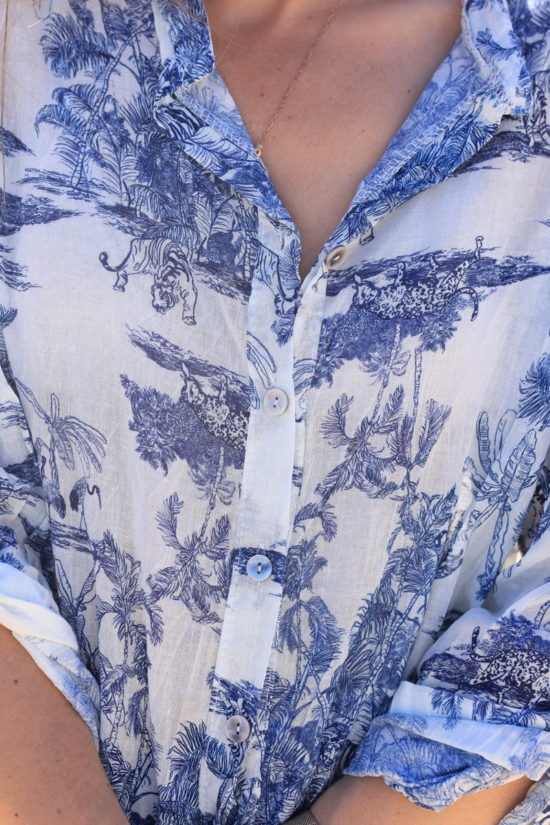 Chemise légère en voile de coton imprimé toile de jouy bleu marine