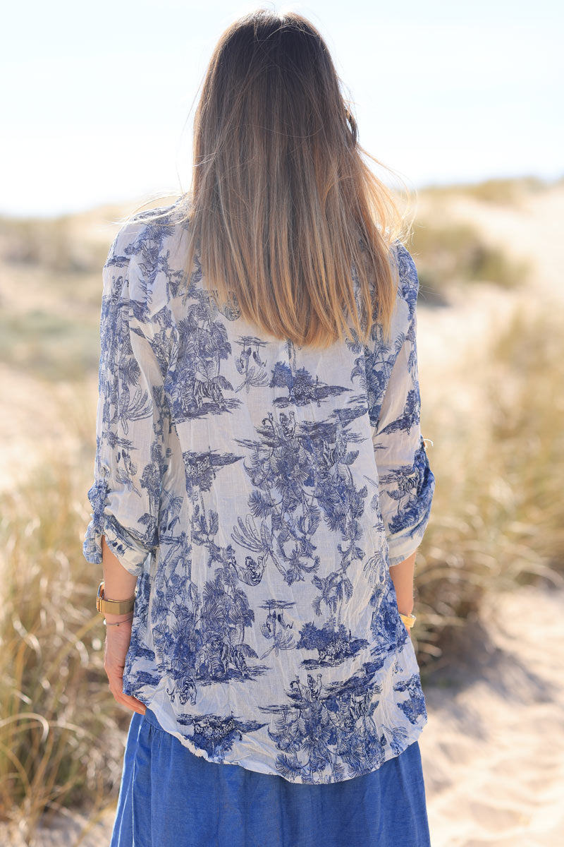 Chemise légère en voile de coton imprimé toile de jouy bleu marine