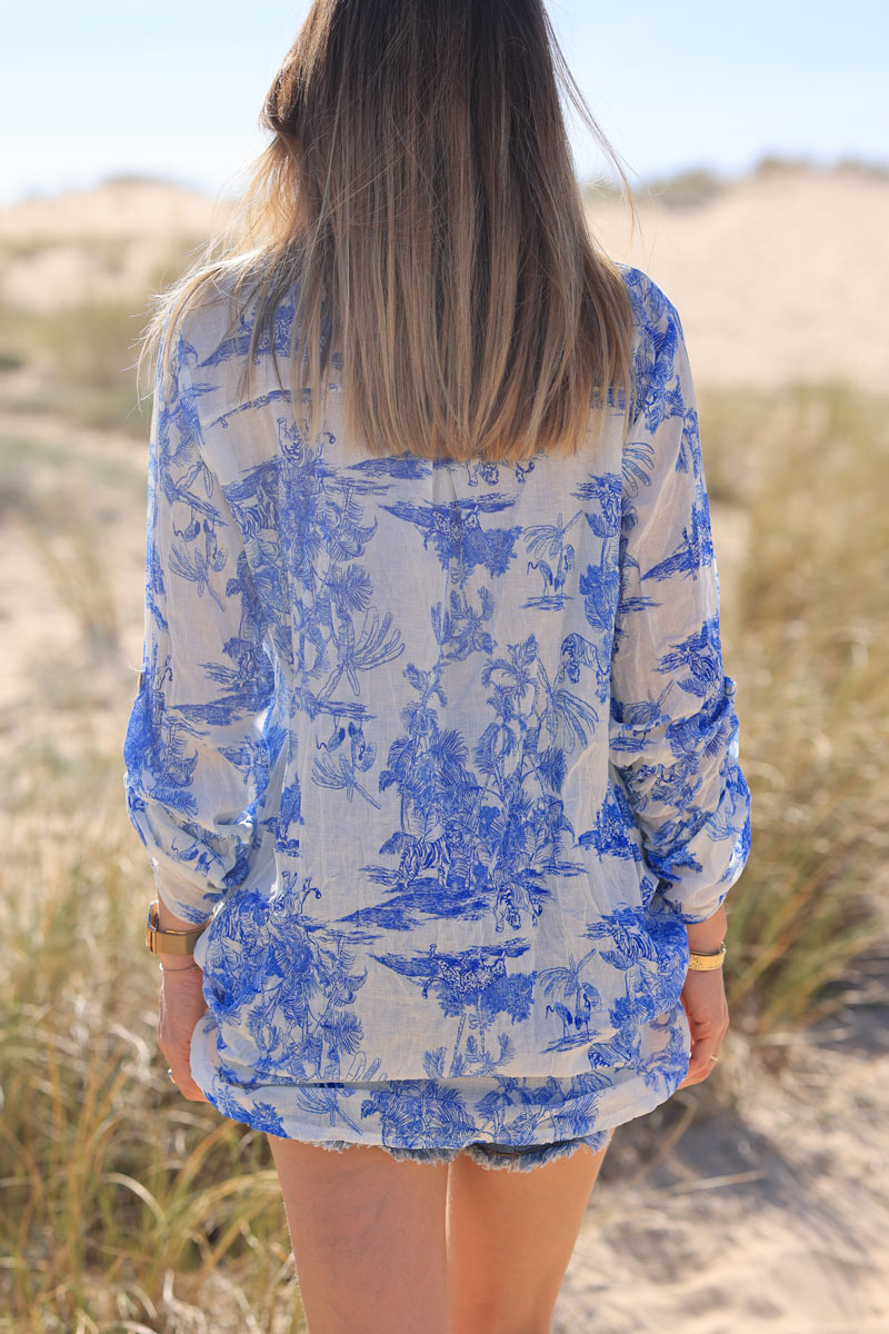 Semi-sheer cotton shirt with royal blue toile de jouy print