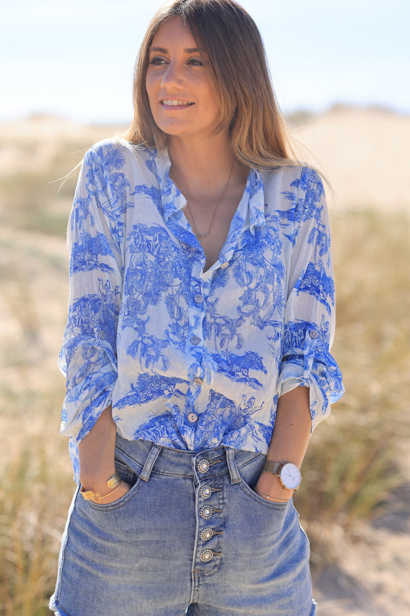 Semi-sheer cotton shirt with royal blue toile de jouy print