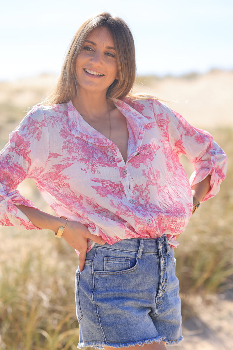 Semi-sheer cotton shirt with fuchsia toile de jouy print