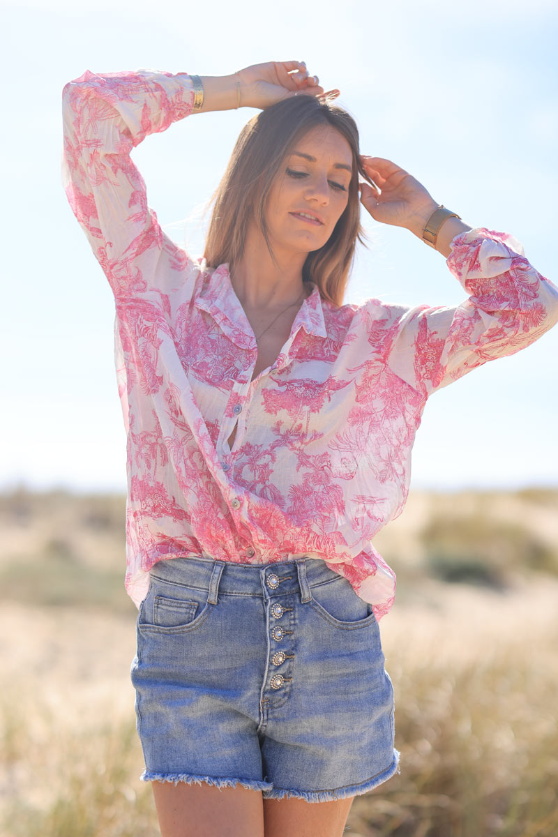 Semi-sheer cotton shirt with fuchsia toile de jouy print