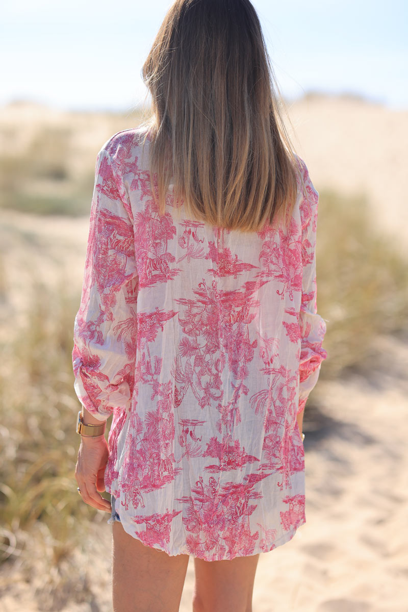 Semi-sheer cotton shirt with fuchsia toile de jouy print