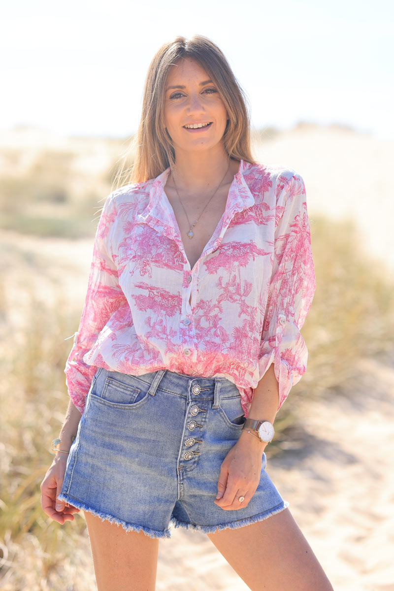 Semi-sheer cotton shirt with fuchsia toile de jouy print