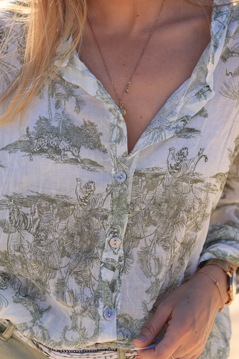 Semi-sheer cotton shirt with khaki toile de jouy print