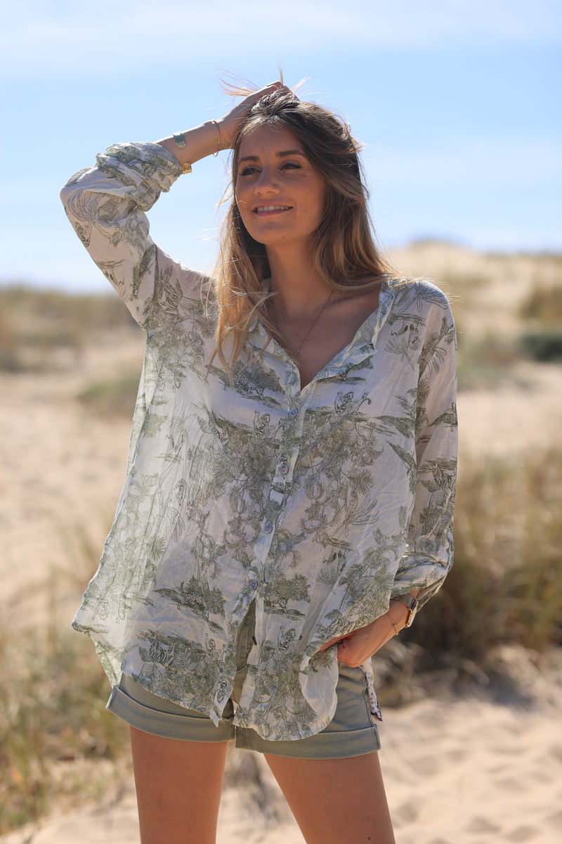 Semi-sheer cotton shirt with khaki toile de jouy print