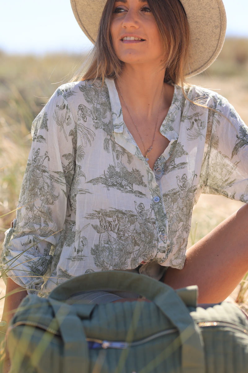 Semi-sheer cotton shirt with khaki toile de jouy print