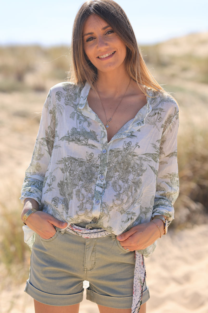 Semi-sheer cotton shirt with khaki toile de jouy print