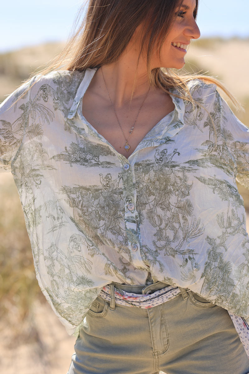 Semi-sheer cotton shirt with khaki toile de jouy print