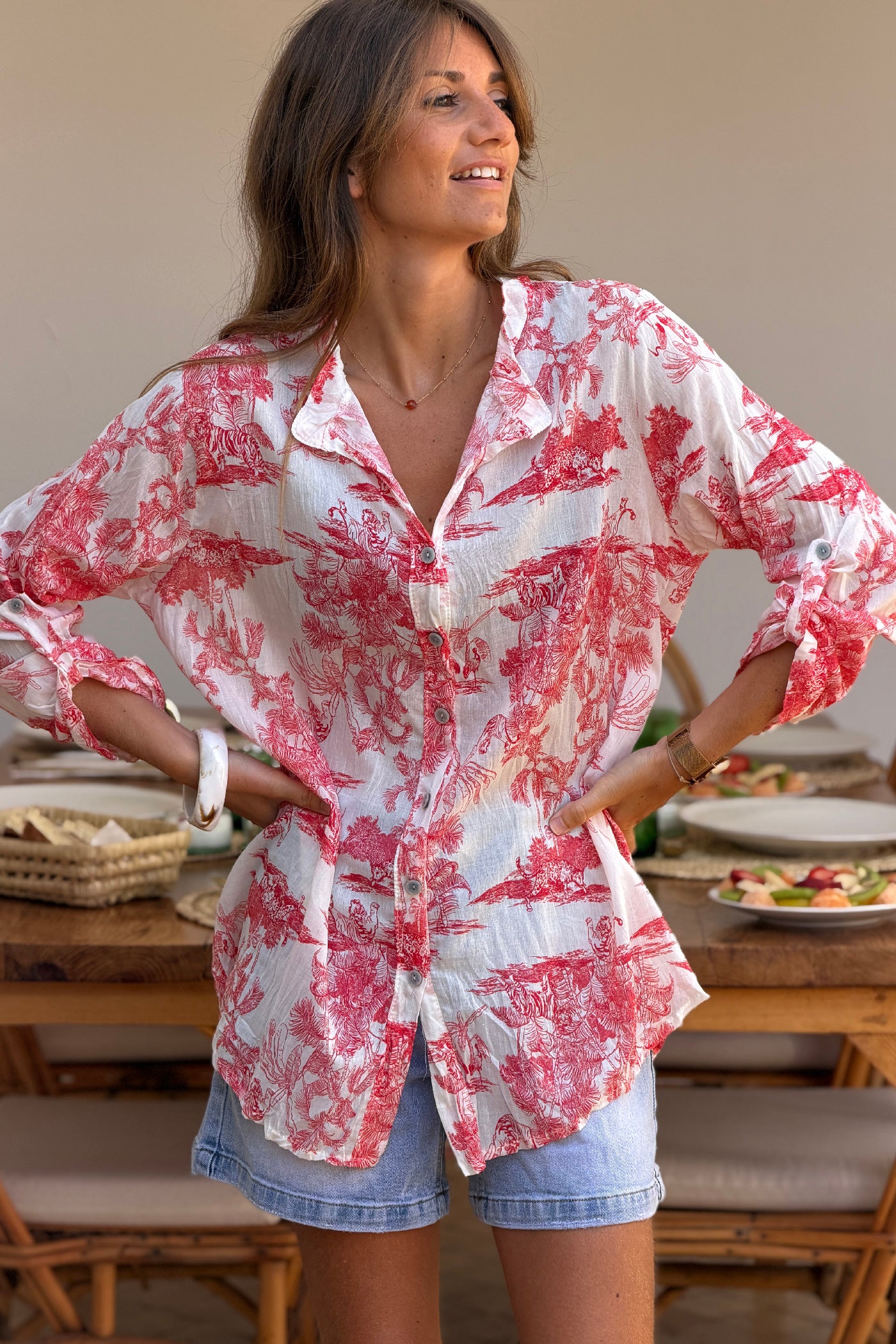 Chemise légère en voile de coton imprimé toile de jouy rouge
