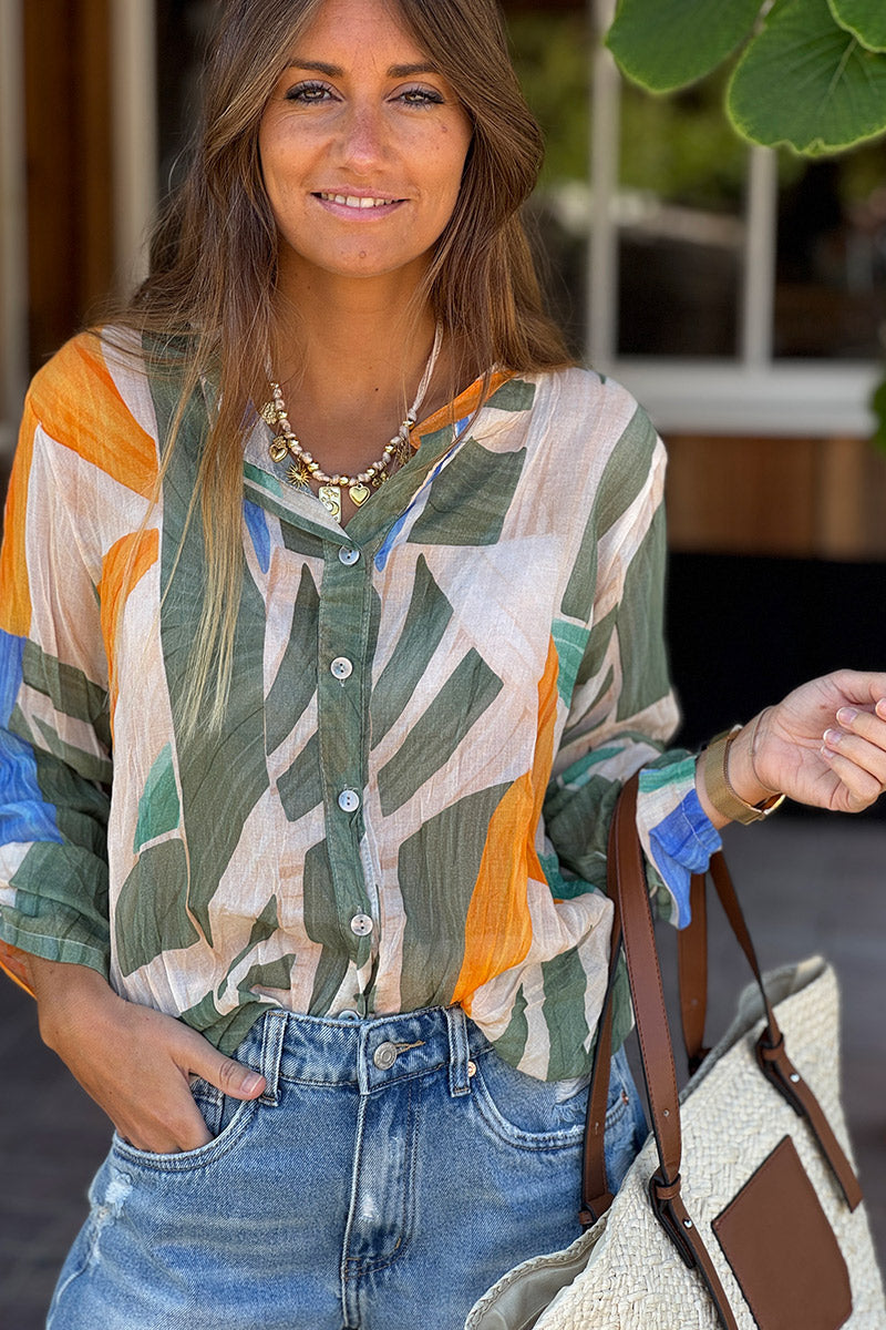 Olive Abstract Leaf Cotton Blouse