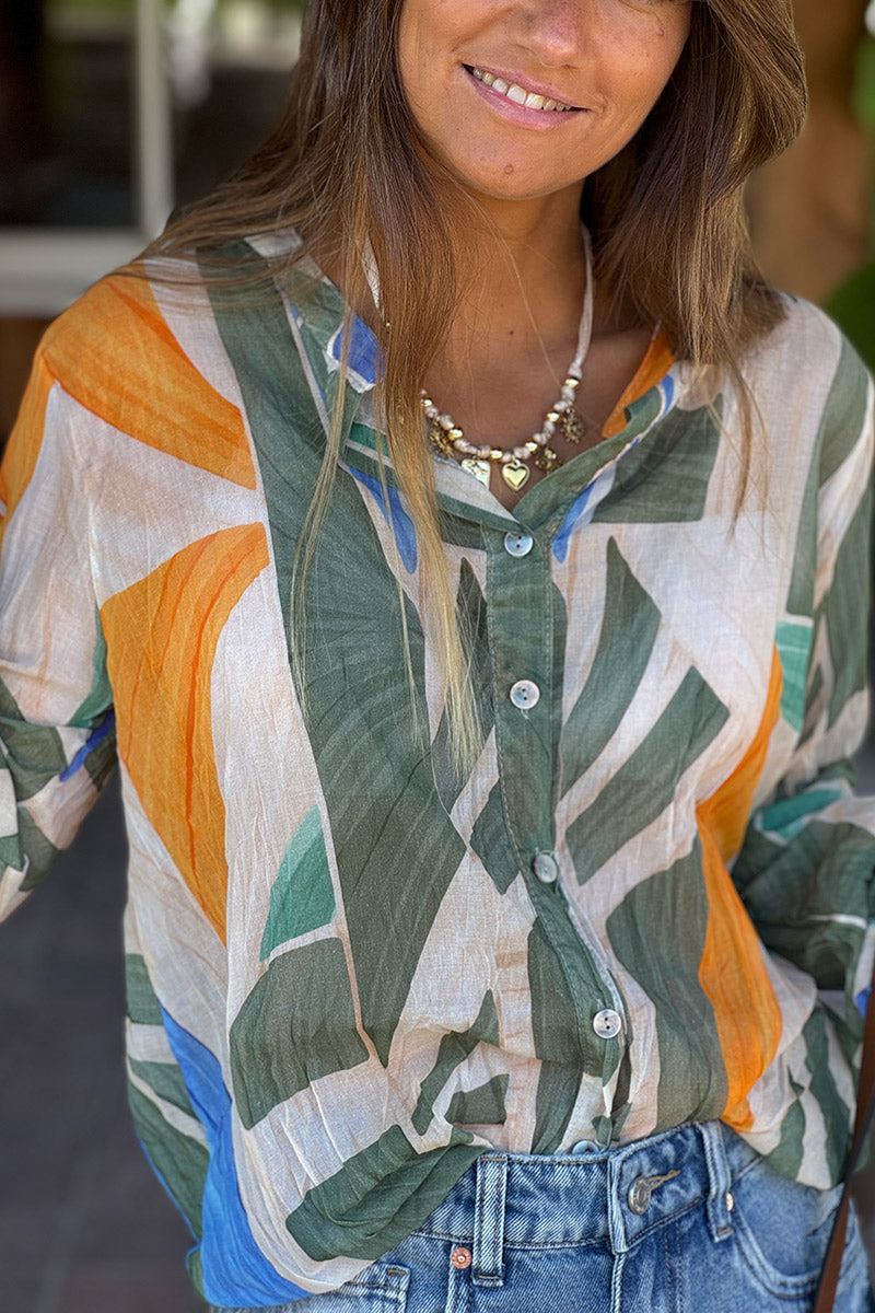 Olive Abstract Leaf Cotton Blouse