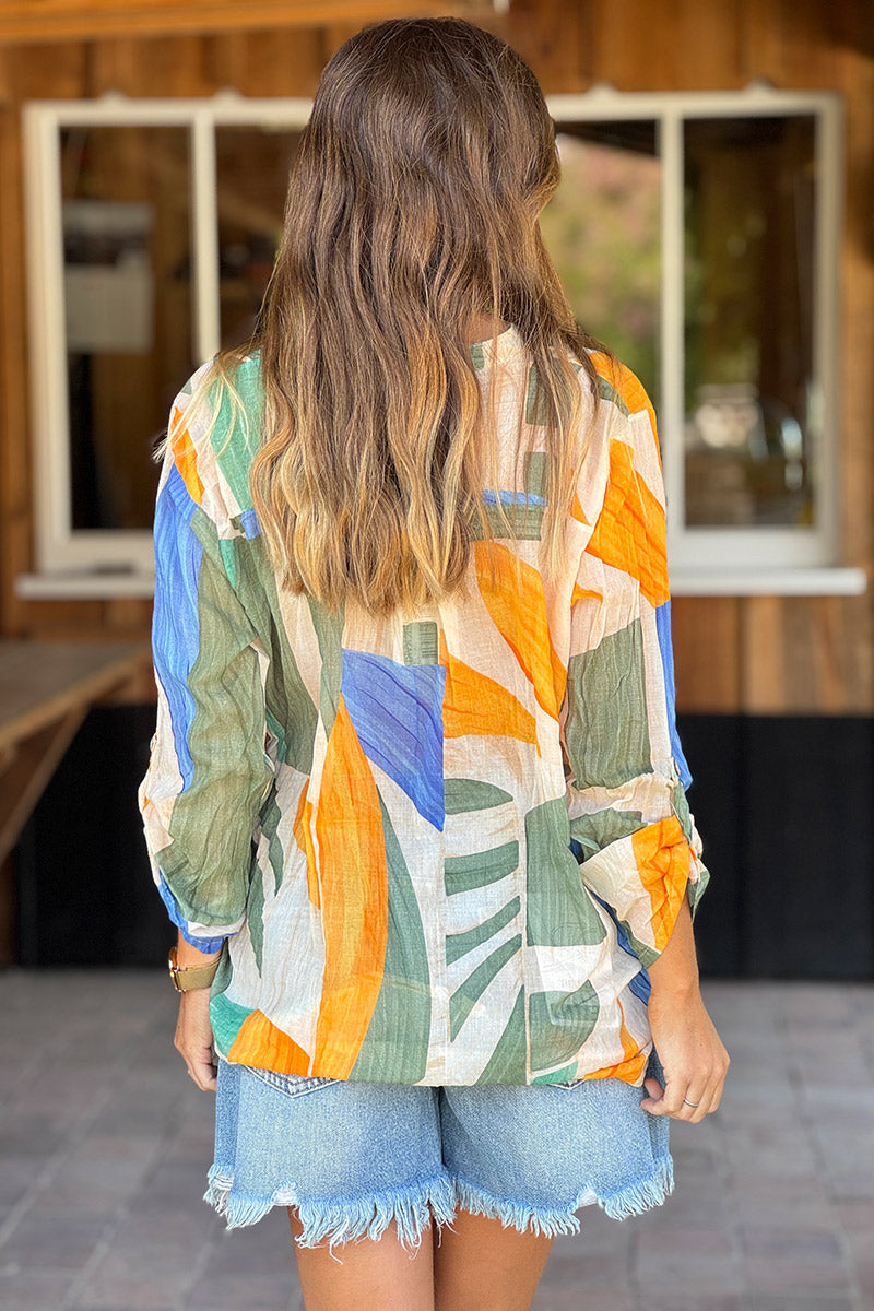 Olive Abstract Leaf Cotton Blouse