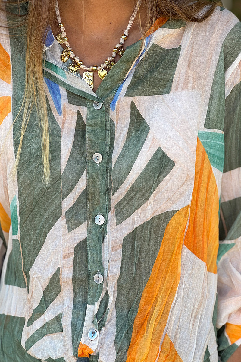 Olive Abstract Leaf Cotton Blouse