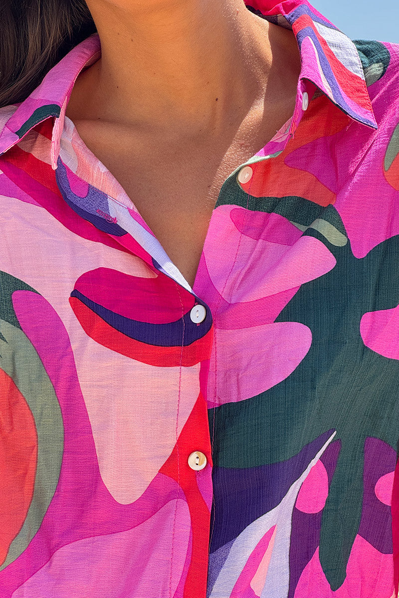 Pink Modern Art Print Button-Down Blouse
