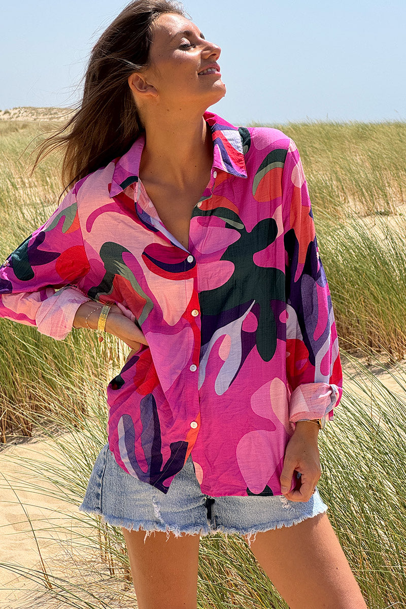 Pink Modern Art Print Button-Down Blouse