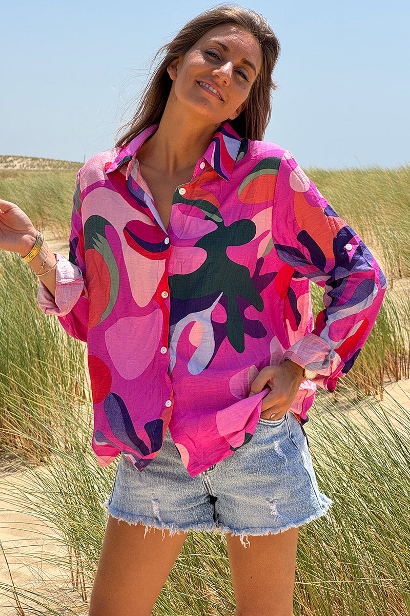 Chemise légère imprimé abstrait algues fuchsia