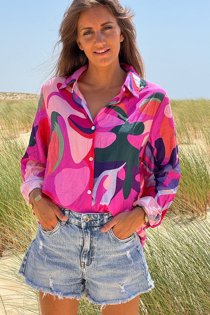 Pink Modern Art Print Button-Down Blouse