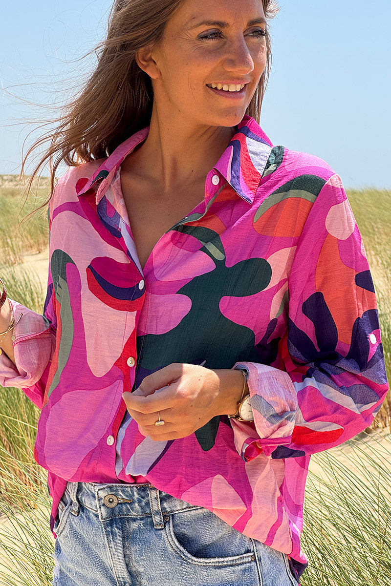 Chemise légère imprimé abstrait algues fuchsia
