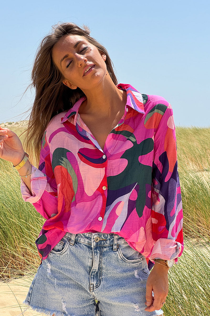 Pink Modern Art Print Button-Down Blouse