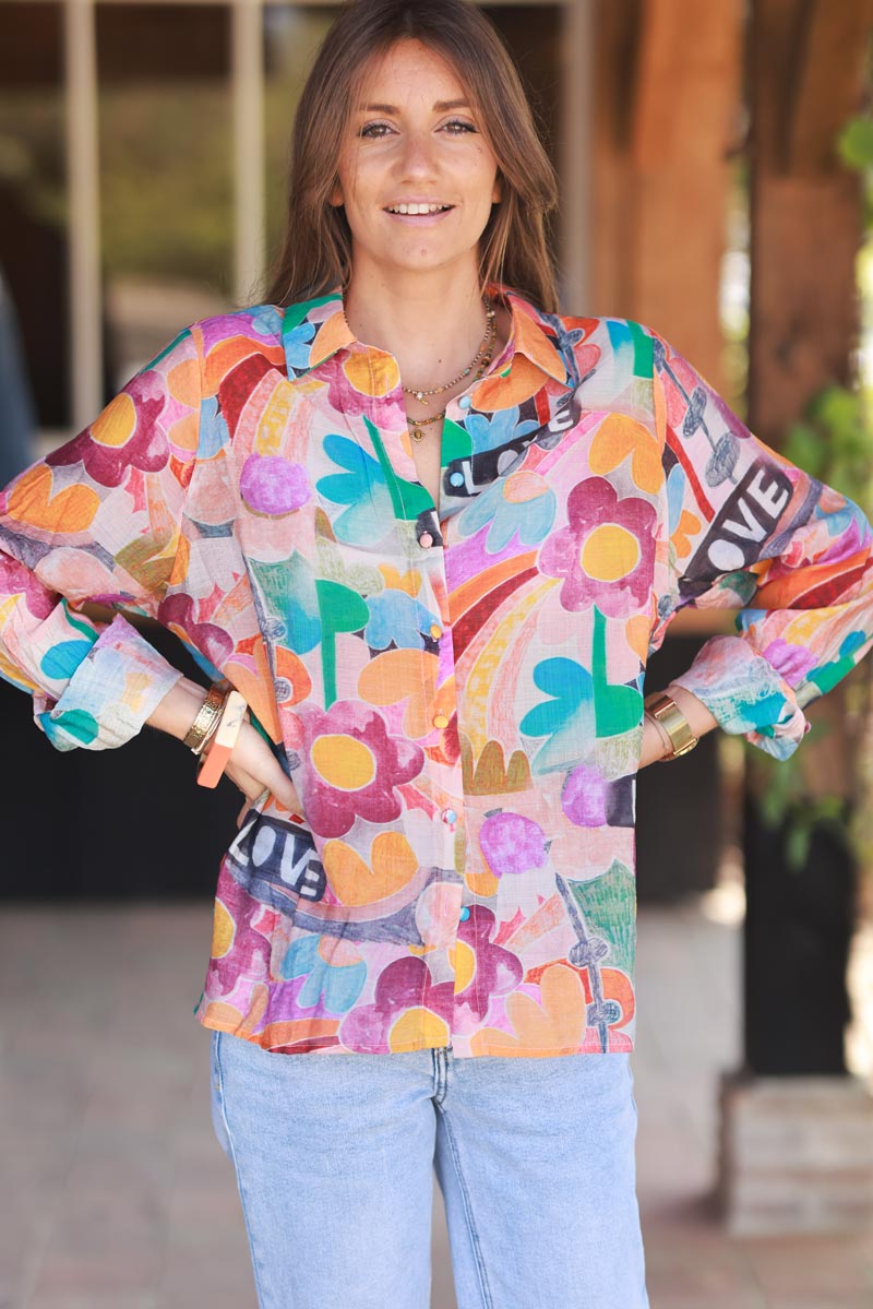 Chemise légère imprimé aquarelle esprit peace and love arc en ciel