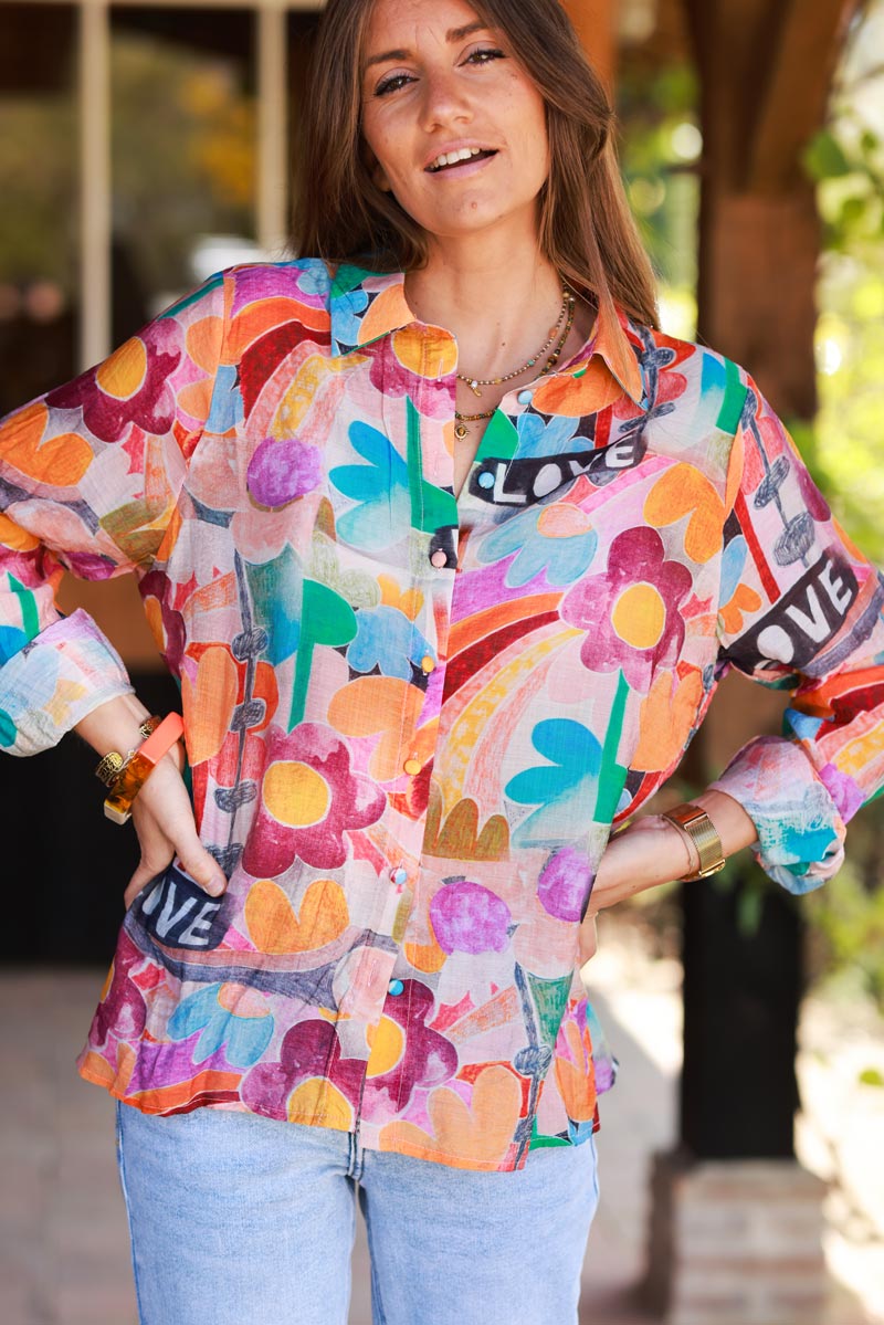 Chemise légère imprimé aquarelle esprit peace and love arc en ciel