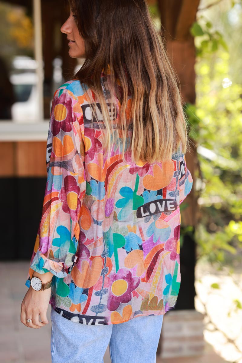 Chemise légère imprimé aquarelle esprit peace and love arc en ciel